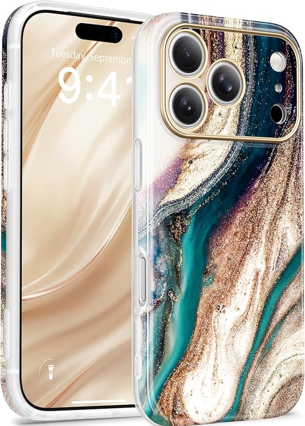 GVIEWIN for iPhone 17 Pro Case Compatible with MagSafe, [Full Camera Protection][Military-Grade Protection] Shockproof Protective Slim Magnetic Marble Phone Case for 17 Pro 6.3", Drift Sand/Gold