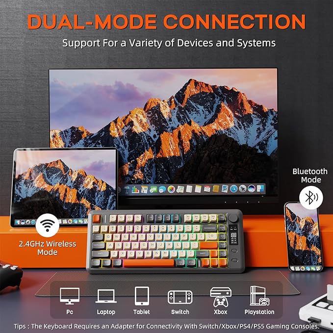 FREEWOLF M75 Wireless Gaming Keyboard Mechanical Feel Membrane with Knob & OLED Display Bluetooth/2.4Ghz Rainbow Backlit Gradient PBT Keycaps 2000mAH Battery Anti-Ghosting-Dark Grey