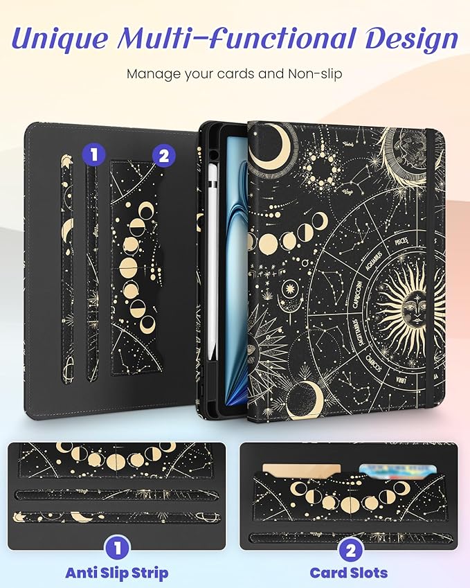 Kidcube for iPad Air 11 Inch Case M3/M2, Air 5th/4th Generation Cases 10.9'', Pro 11'' 2020 - Women Girl Aesthetic Cute Rotating Stand Folio Cover with Pencil Holder & Card Slot Girly Sun Moon Stars