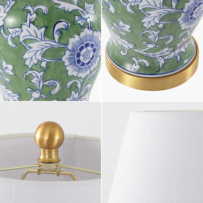 JONATHAN Y 22" Green/White Ceramic Table Lamp, French Country Chinoiserie Ginger Jar LED Bedside Lamp for Living Room Bedroom, White Linen Shade (JYL3005E)