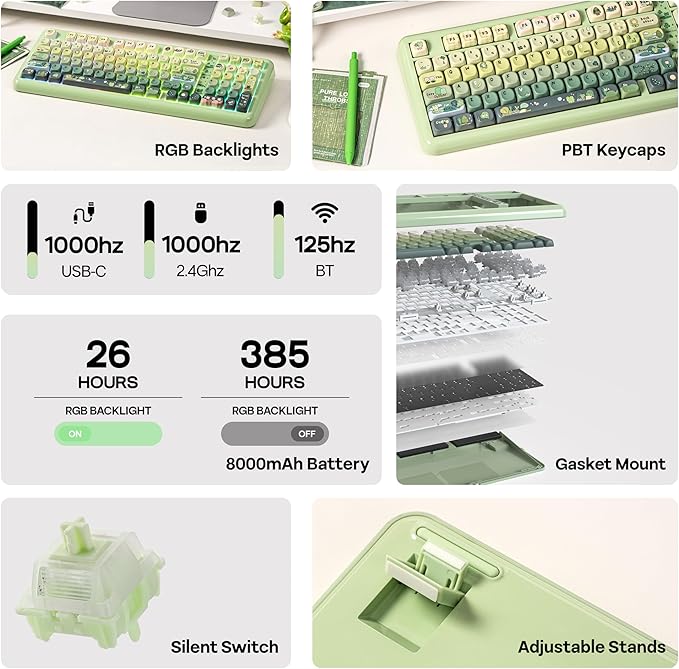 KiiBoom Phantom98 Lite 96% Wireless Mechanical Gaming Keyboard, VIA Programmable, Creamy Keyboard with Gasket, 8000mAh Battery, Hot Swap, RGB Backlits, NKRO for Win/Mac (Green, Mossy Silent Switch)
