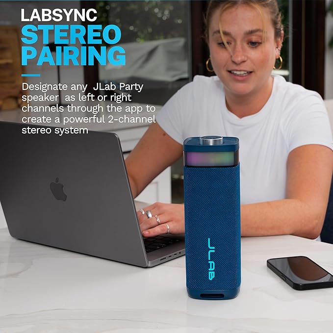 JLab, JBuds Party, Portable Bluetooth Speaker, Waterproof, Multi-Speaker Connection, RGB Lighting, Navy