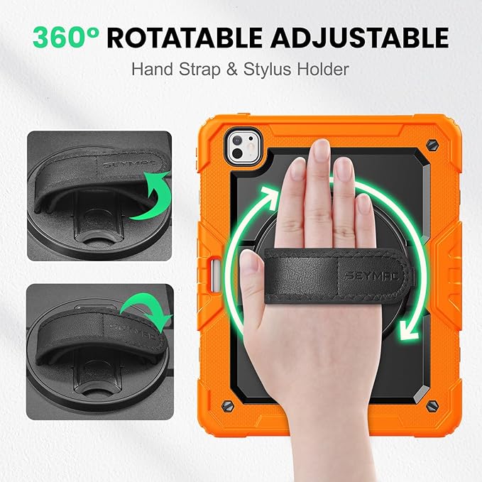 SEYMAC Case for iPad Pro 13 Inch M5 2025 / M4 2024, Heavy Duty Shockproof Protective Case with Screen Protector, 360° Rotating Stand, Hand/Shoulder Strap and Pen Holder, Orange