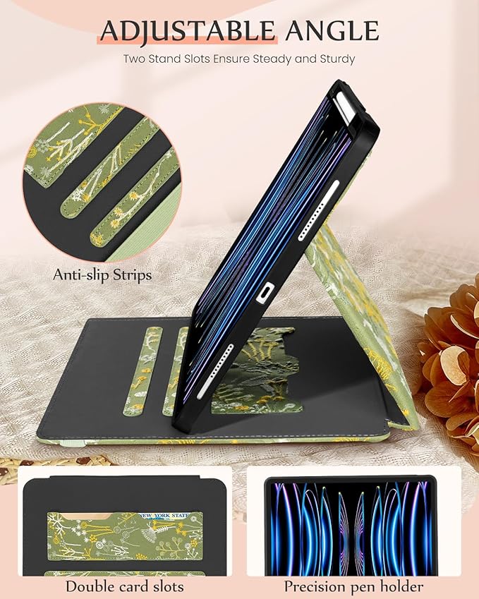 Uppuppy for iPad Air 13 Inch Case M3 2025/M2 2024, for iPad Pro 12.9 Case 6th/5th/4th/3rd Gen- Women Girls Cute Embroidered Folio Stand Cover with Pencil Holder & Card Slot Design Girly Kawaii Plants
