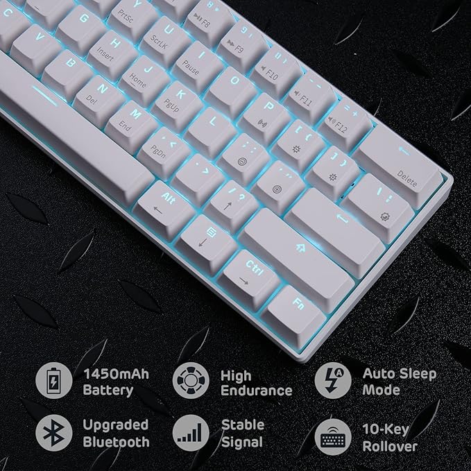 RK ROYAL KLUDGE RK61 Wireless 60% Triple Mode BT5.0/2.4G/USB-C Mechanical Keyboard, 61 Keys, Compact Gaming Keyboard w/Software (Hot Swappable Brown Switch, White)
