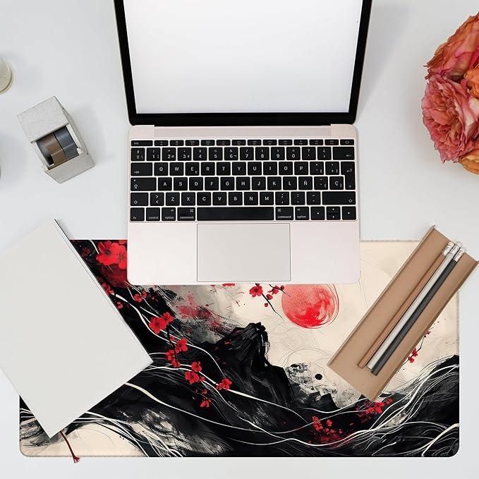 Desk Pad, Black Red Ink Painting Desk Mat, Cherry Blossom Trees Sun Waves Large Gaming Mouse Pad, 31.5"x15.7" Extended Big Computer Mouse Pad with Non-Slip Base and Stitched Edge