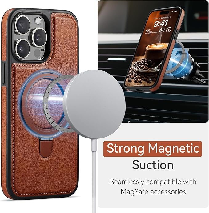 Compatible with iPhone 15 Pro Case with Stand, Compatible with MagSafe, Slim PU Leather & Durable TPU Protective Cover Drop-Proof with Tempered Glass Screen Protector 6.1", Brown