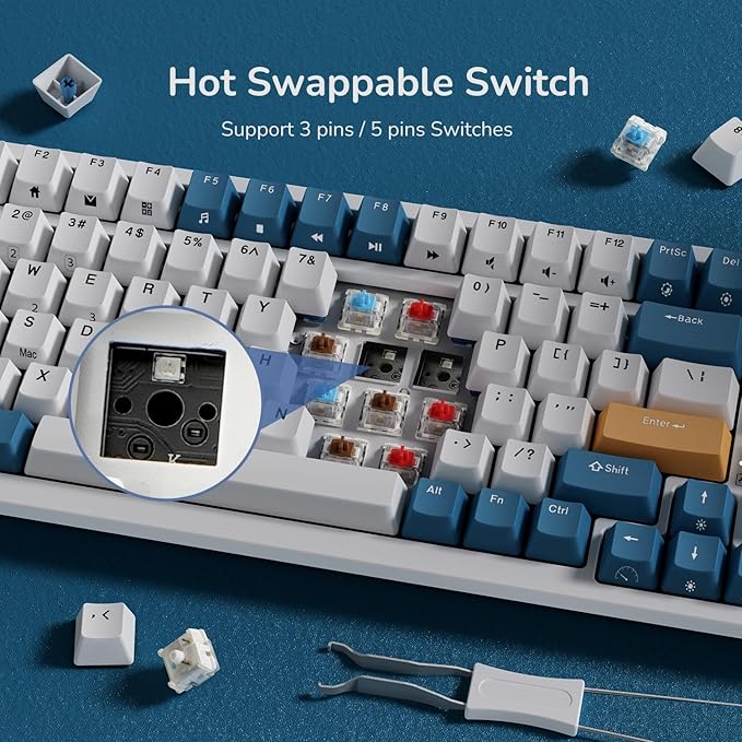 RK ROYAL KLUDGE RK98 Wireless Mechanical Keyboard, 100 Keys 98% Layout with Custom Switches Hot Swappable, Tri-Mode BT5.1/2.4G/USB-C Full Size Gaming Keyboard with Numpad RGB, Brown Switch