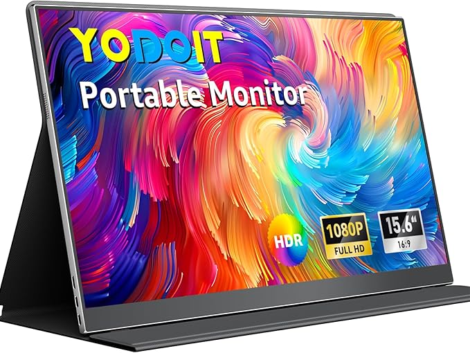 Yodoit Portable Monitor 15.6" 1920×1080 FHD IPS Travel Screen Display with USB-C Plug & Play, Built-in Speakers Smart Cover for MacBook PC Xbox, Extended Display for Remote Workers (Black)