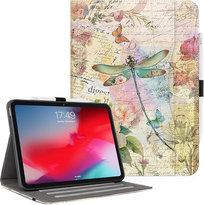Vimorco Case for iPad (A16) 11th Generation 2025, for iPad 11th/10th Generation Case, Pencil Holder with Hand Strap & Pocket, Multi-Angle Viewing PU Leather Cover, Auto Wake/Sleep, Dragonfly Flower