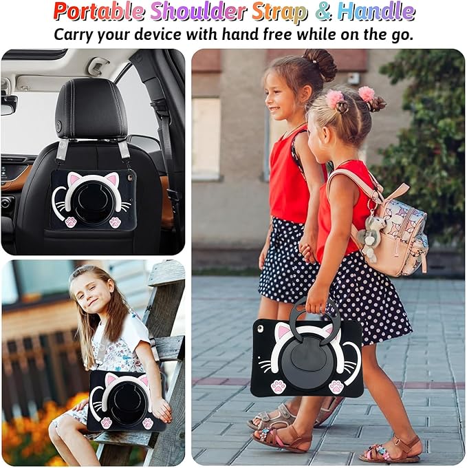 Dteck for iPad 10.9" 10th Generation Case Kids,Cute Cartoon 3D Unique Design Light Rotating Handle Stand Shoulder Strap Soft Silicone Funda Drop Rugged Shockproof Protective Kid-Proof Case,Black Cat