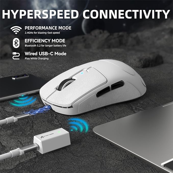ATTACK SHARK R6 39g Superlight Wireless Gaming Mouse,PixArt PAW3950MAX 42000 DPI,MCU Nodic 52840 Computer Mouse,8K Polling Rate Web Driver,BT/2.4Ghz/Wired Tri-Mode Mice with Coiled Cable-White&Tape