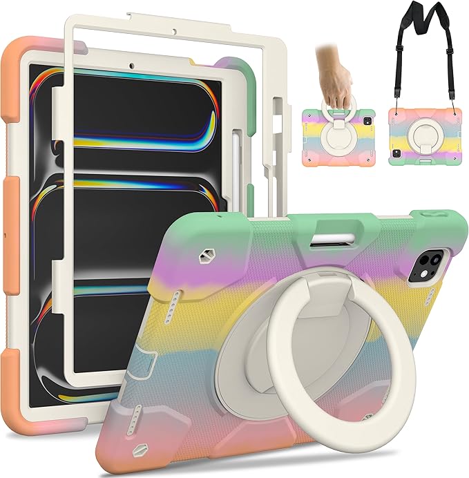 Andnary Case for iPad Pro 11 Inch M4 2024/M5 2025 Case, Heavy Duty Shockproof Cover with Screen Protector/360° Rotate Stand/Shoulder Strap/Pencil Holde (Colorful Pink, iPad Pro M4/M5 11 inch)
