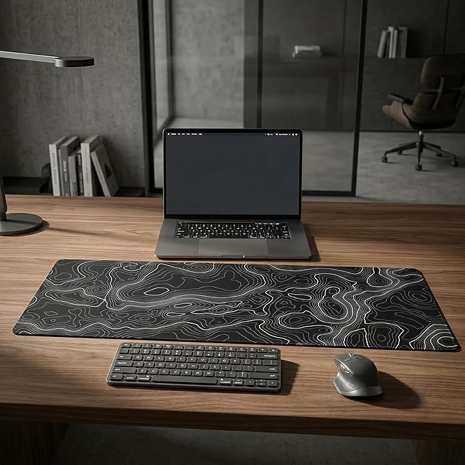 AQQA Topographic Gaming Mouse Pad XL - (31.5 x 11.8 in) Large Black and White Desk Mat, Extended Contour Line Mousepad with Non-Slip Rubber Base, Waterproof Stitched Edges for Office & Home