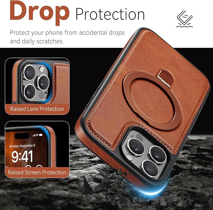 Compatible with iPhone 14 Pro Case with Stand, Compatible with MagSafe, Slim PU Leather & Durable TPU Protective Cover Drop-Proof with Tempered Glass Screen Protector 6.1", Brown