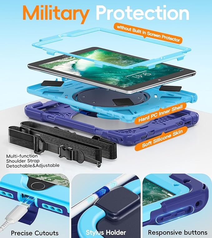 BATYUE Case for iPad 9.7 inch, 2018 iPad 6th Gen, 2017 iPad 5th Gen, iPad Air 2/ iPad Pro 9.7'',Shockproof Protective Cover with Pencil Holder &Rotating Bracket &Shoulder Strap (Navy Blue+Blue)