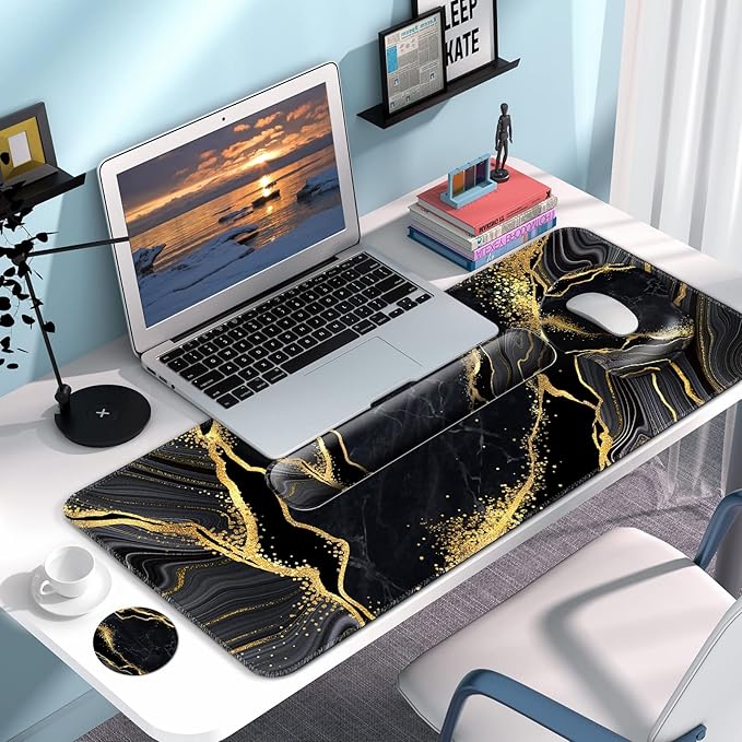 Mouse Pad + Desk Mat + Keyboard Wrist Rest + Coaster 4 in 1 Set, Cute Ergonomic Large Gaming Mousepad with Wrist Rest Support Desk Pad for Computer Laptop Office Home Decor-Marble 2