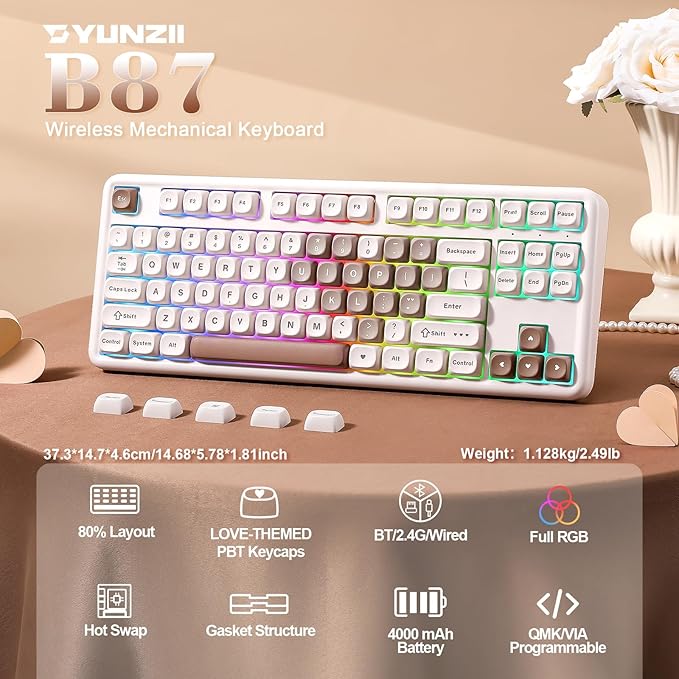 YUNZII B87 Wireless Mechanical Keyboard,QMK/VIA Programmable,TKL Layout 87 Keys,BT/2.4G/USB-C,Hot Swap Gasket Mount RGB Backlit Gaming with Wrist Rest for Win/Mac (Brown Heart, Cocoa Cream V2)