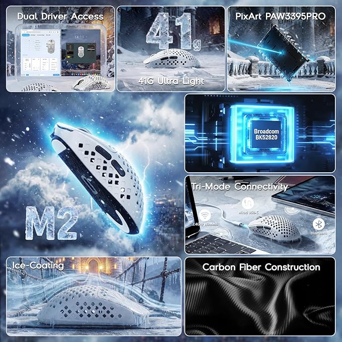 MAMBASNAKE M2 Carbon Fiber Wireless Gaming Mouse,PAW3395PRO 40K DPI Optical Sensor,41g Ultra Lightweight Ergonomic,Programmable Buttons BT/2.5Ghz/Wired Mice,Computer Accessories for PC/Mac-White