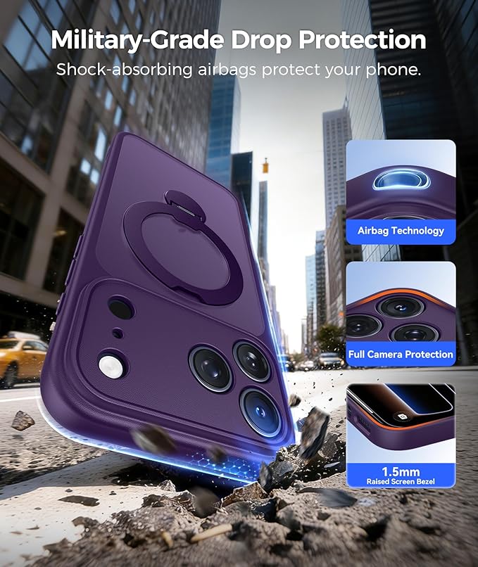 FNTCASE for iPhone 17 Pro-Max Case: [360 Spin Magnetic Stand] [Compatible with Magsafe] [Screen Protector] Translucent Matte Military Grade Shockproof Full Camera Protective Phone Cover - Purple