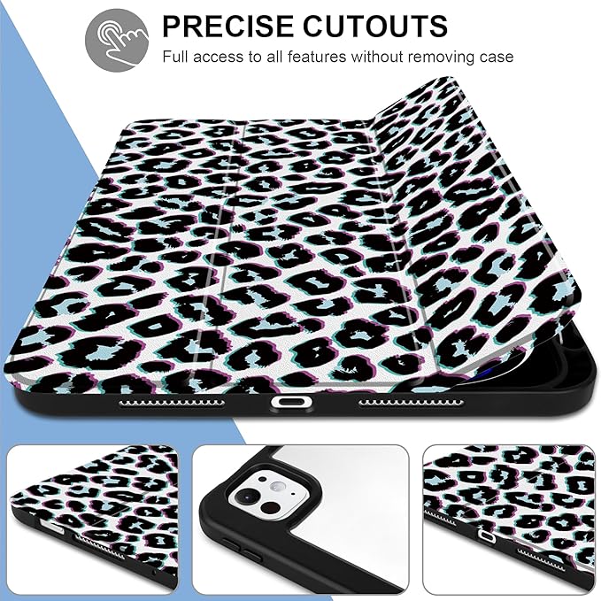 TWOLSKOO Case for iPad Pro 11-inch (M5 2025 / M4 2024), Clear Acrylic Back with TPU Bumper, Pencil Holder, Trifold Stand, Auto Sleep/Wake, Black Leopard