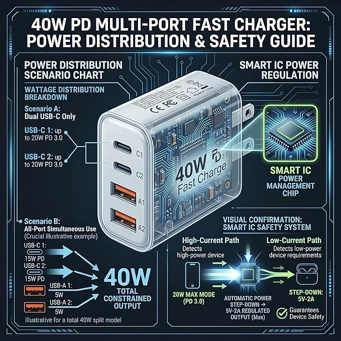 TT&C 40W USB C Charger Block 2-Pack, 4-Port Fast Charging Block (2 USB-C + 2 USB-A), Compact Multi-Device Wall Plug Adapter for iPhone 17,16,15,14,13, Pro Max, Samsung Galaxy S24/S23, Travel & Home