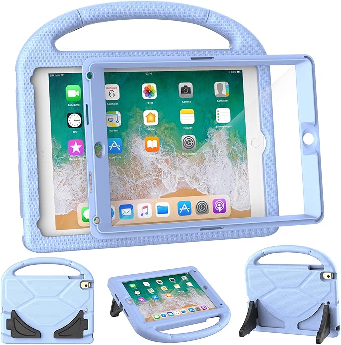 Kids Case for iPad 5th/6th Generation (9.7-inch, 2017/2018), iPad Air 2/Pro 9.7 Case with Screen Protector, Durable Shockproof Lightweight Cover with Handle/Stand for Kids, Light Blue