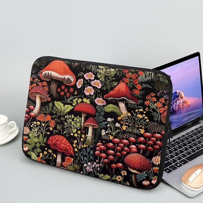 Mushroom Laptop Protective Sleeve for Women Men 13 inch Flower Computer Sleeve Neoprene Laptop Bag Lightweight Lap Top Case Suitable for Travel School Office Organizers Black