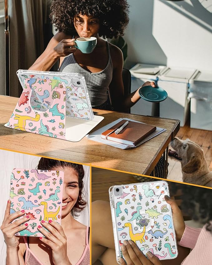 Shorogyt for iPad Air 11 Inch Case Air M4 2026, 8th Gen/M3 2025/M2/Air 5th Generation 2022/Air 4th Gen 2020/Pro 11 Inch Case Magnetic Stand for Women - Cute 360 Degree Rotating Covers Dinosaur