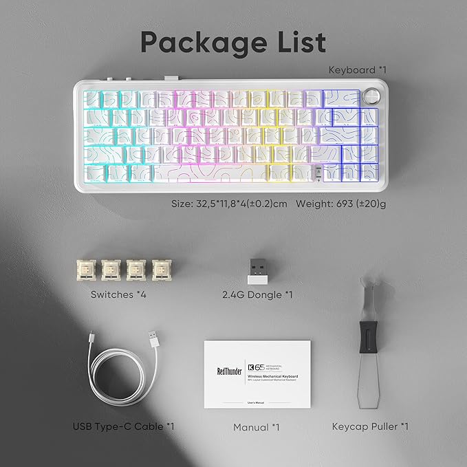 RedThunder K65 Wireless Mechanical Keyboard, CNC Knob, Tri-Mode BT5.0/2.4GHz/USB-C Hot Swappable Custom, Pre-lubed Linear Coconut Switches, Gasket Structure, RGB Gaming Keyboard, White Contour Lines