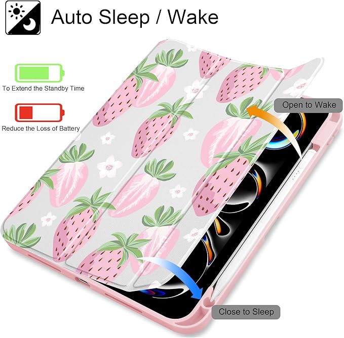 May Chen for iPad Pro 13 Inch Case M5 2025 / M4 2024, Built Pencil Holder & Clear Transparent Print Back Shell Slim Stand Shockproof Tablet Cover, Auto Wake/Sleep, Strawberries
