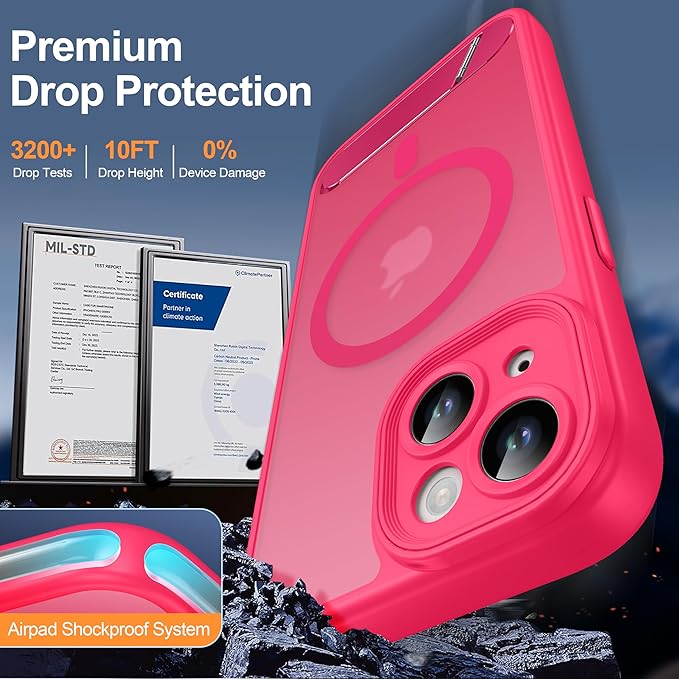 Magnetic Compatible with iPhone 15 Case, [Built-in Invisible Kickstand][Compatible with MagSafe][Full Camera Protection] Translucent Matte Phone Case for iPhone 15 6.1" Hot Pink