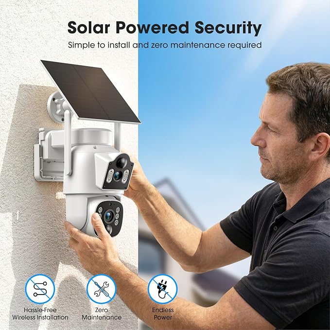 Camcamp Dual Lens Solar Security Cameras Wireless Outdoor System, 1 Camera (2 Views), 2.4/5 GHz WiFi, 2K Color Night Vision, 2-Way Audio, APP Remote, 0 Monthly Fee (1PC-Camera)