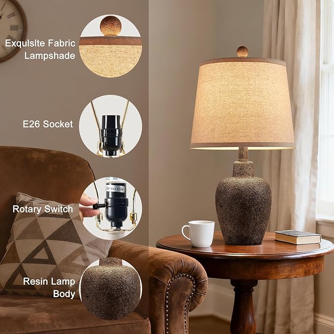 21" Table Lamps for Bedroom Set of 2 Small Farmhouse Bedside Lamps for Living Room Rustic Cottage Jar-Shaped Lamp for Nightstand Retro Brown Finish,Bulbs Not Included ﻿