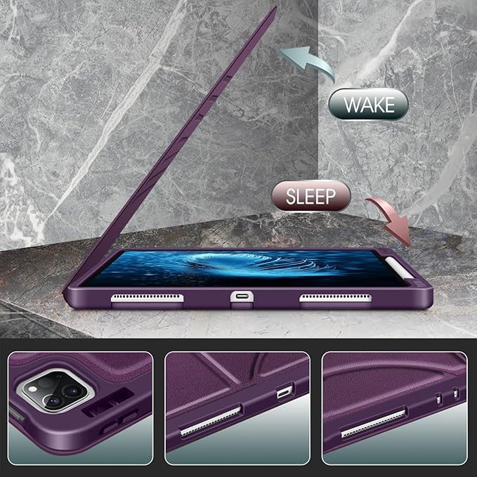 CaseBot Magnetic Case for iPad Pro 12.9-inch 6th Generation 2022, Multiple Angle Shockproof Rugged Stand Case, Soft TPU Back Cover w/Pencil Holder, Also Fit iPad Pro 12.9" 5th/4th/3rd Gen, Purple