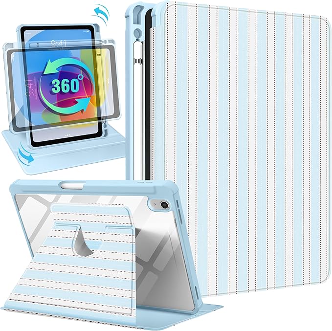 Uppuppy for iPad A16 Case for iPad 10th Generation Case 10.9 inch - 360 Degree Rotating Stand Folio Smart Cover with Pencil Holder for Women Girls, Blue & White Stripes for Apple 10th 2022/11th 2025
