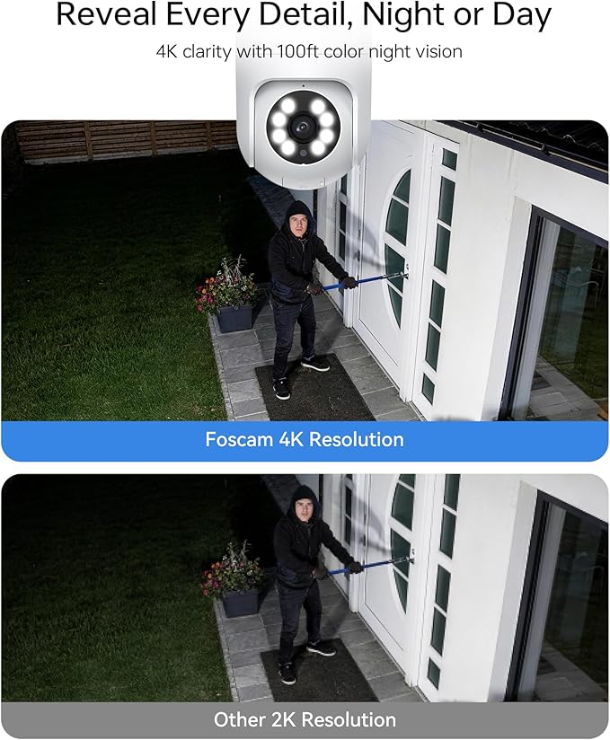 FOSCAM 4K Security Camera Outdoor, Full Space Sense WiFi Camera 360° Radar Auto-Tracking, No-Blind-Spot View, Human/Car/Motion/Sound Detection, Color Night Vision, IP66 Compatible with Alexa