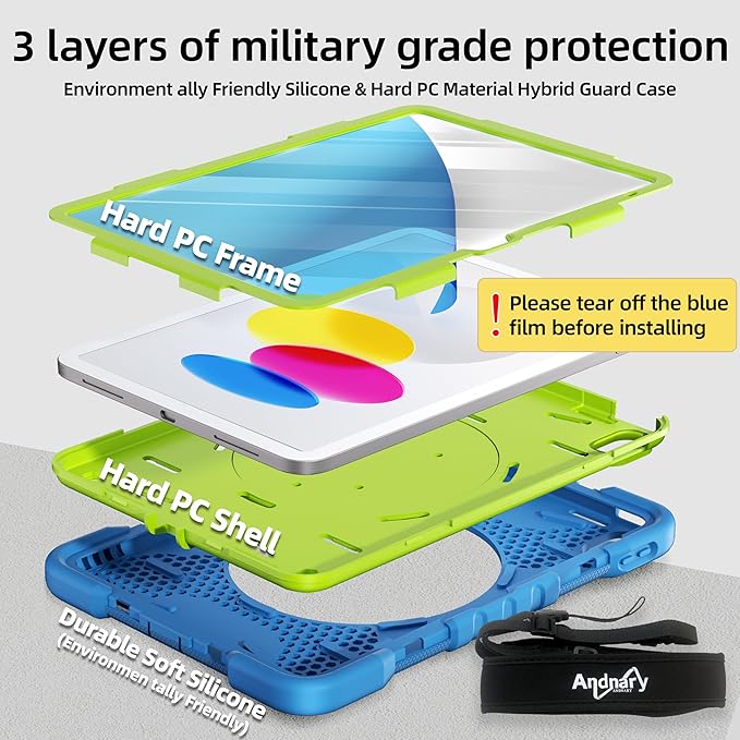 Andnary Case for iPad (A16) 11th Generation 11 inch 2025/10th Generation 10.9 inch 2022, Shockproof Cover with Screen Protector/360° Rotate Handle/Bracket/Pen Holder/Shoulder Strap (Blue+Green)