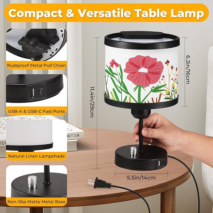 Bedside Table Lamp for Bedroom, Small Bedside Light with USB C and A Ports, Night Lamp with 3 Rotatable Shades, Daylight White Bulb with Dimmable