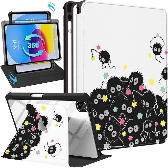 Uppuppy for iPad Pro 12.9 Case Folio Cover with Pencil Holder Women Girls Cute Girly Teens Kawaii Stars Pretty Cartoon Aesthetic Rotating Stand for iPad Pro 12.9 Inch Cases 2022/2021/2020/2018