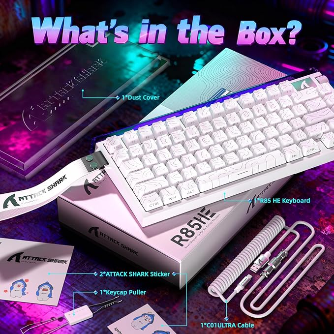ATTACK SHARK R85 HE 75% Magnetic Wired Gaming Keyboard,8KHz Polling Rate Rapid Trigger,0.005mm RT Precision,256K Scan Rate,Custom Hot-Swappable,Web Driver PC Keyboard for Gamer/Win/Mac,White Contour