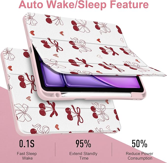Case for iPad Air 13 inch 2026 M4 2025 M3 2024 M2 Release with Pencil Holder - Aesthetic Cute Preppy Design Trifold Cover with Soft TPU Bumper Clear Back Auto Sleep for Girls Women, Cherry