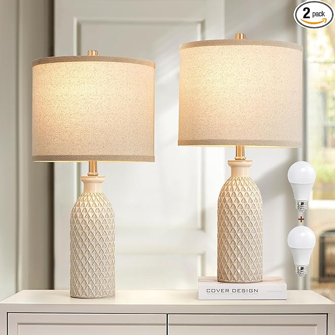 Luvkczc Ceramic Table Lamps Set of 2, Farmhouse 24.8" Bedside Lamps with Adjustable Color Temperature, Modern Nightstand Lamp Desk Reading Lamp for Bedroom, Living Room, Office, 2 Bulbs Included