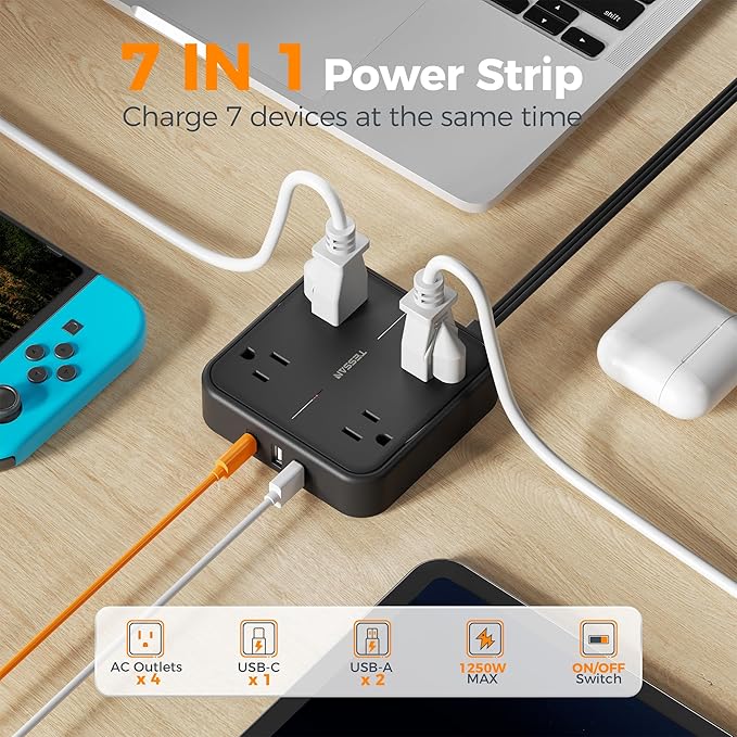 TESSAN Surge Protector Flat Extension Cord 5Ft, Flat Plug Power Strip with 4 Outlets 3 USB Ports (1 USB C), 900 Joules Protection, Multiple Wall Outlet Extender Suitable for Home Office Dorm, Black