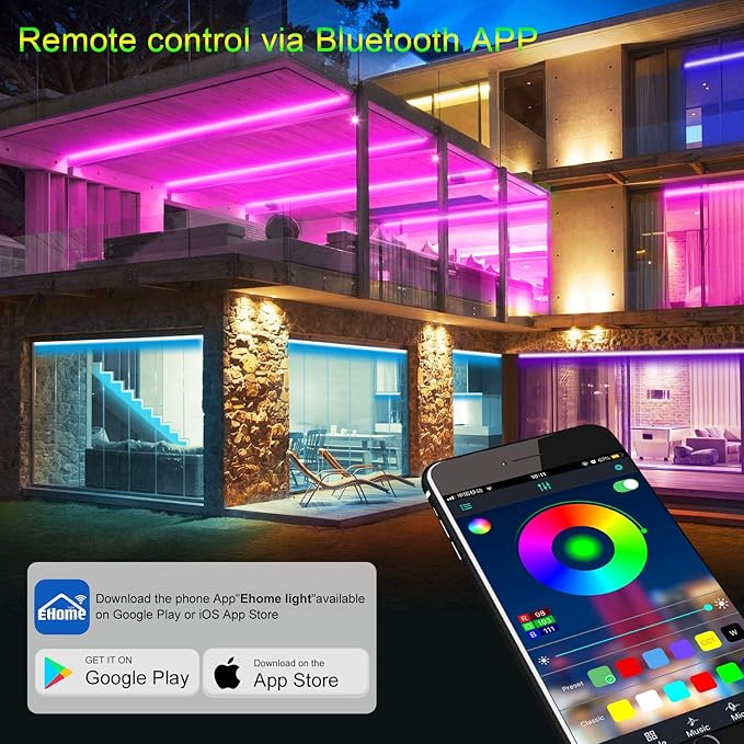 Micomlan 50ft/15M Led Strip Lights, Music Sync Color Changing RGB LED Strip Lights Built-in Mic, Bluetooth app Controlled Rope Lighting for Home Decoration Living Room Kitchen