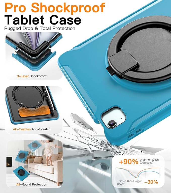 BATYUE Shockproof Case for iPad Air 11" M2/M3/M4, Air 4/5 10.9", iPad Pro 11" 1st-4th Gen 2018-2022 | 360° Multi-Angle Stand (Portrait & Landscape) & Grip, Built-in Pencil Holder, Lake Blue