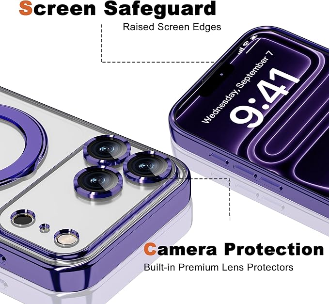 Compatible with iPhone 17 Pro Case with Invisible Magnetic Ring Stand [Compatible with Mag-Safe] [Full Camera Lens Protector] Plating Clear Phone Case for iPhone 17 Pro 6.3", Purple