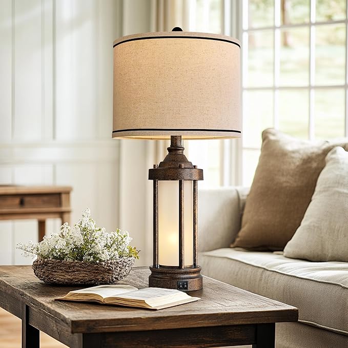 G-SAFAVA 25'' Table Lamp for Living Room Bedroom Farmhouse Metal Lamps with 2 USB Ports, Built-in Frosted Glass Night Light Vintage Industrial Nightstand Bedside End Lamp, 2 Bulbs Included, Bronze