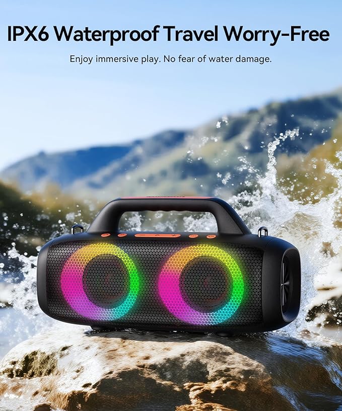 BassBloom Roar 1 Portable Bluetooth Speaker,60W Powerful Sound with JIKE Bass,IPX6 Waterproof,24H Playtime,Bluetooth 5.4,RGB Party Lights,Wireless Stereo Pairing,Travel Outdoor for Camping and Beach