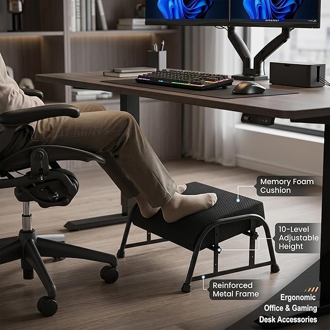 Under Desk Footrest with Memory Foam, Adjustable 10-Level Ergonomic Foot Rest for Office & Gaming Desk Accessories for Leg Rest, Reinforced Metal Frame, Non-Slip Base Extra Large（Black